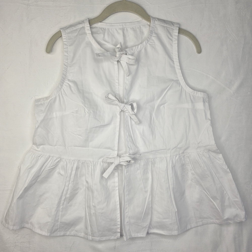 NEW White Bow Tied Sleeveless Peplum Size M Ruffle Hem Top CC-1510 - Picture 3 of 9